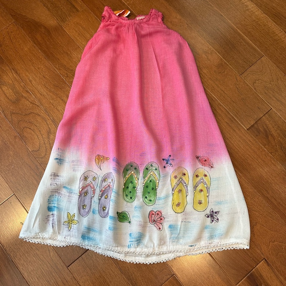 Vibrant Pink and White Kids Dress with Flip-Flop Pattern